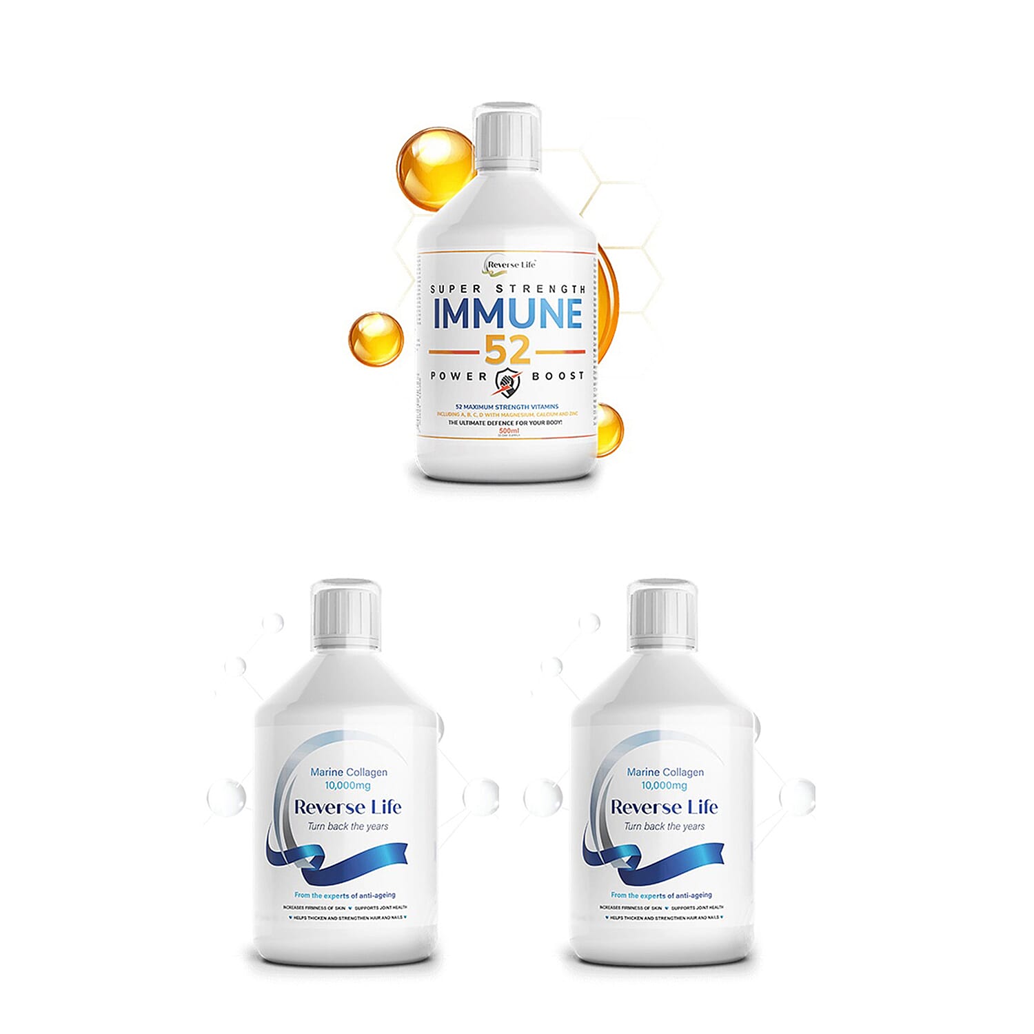 Reverse Life Trio Set: Two Marine Collagen - 500ml Each & Immune - 500ml (With Free Gold Face Mask)