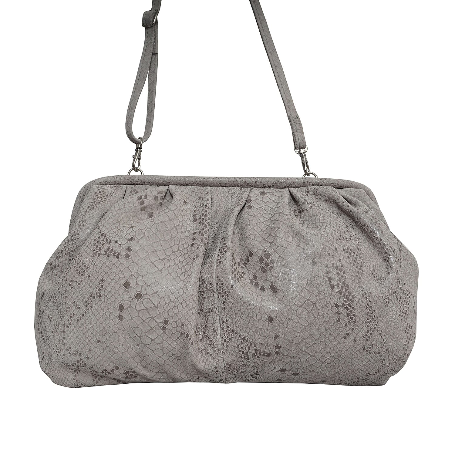 ASSOTS LONDON Harper Genuine Leather Snake Print Oversized Clutch Bag with Adjustable Shoulder Strap - Ice Grey