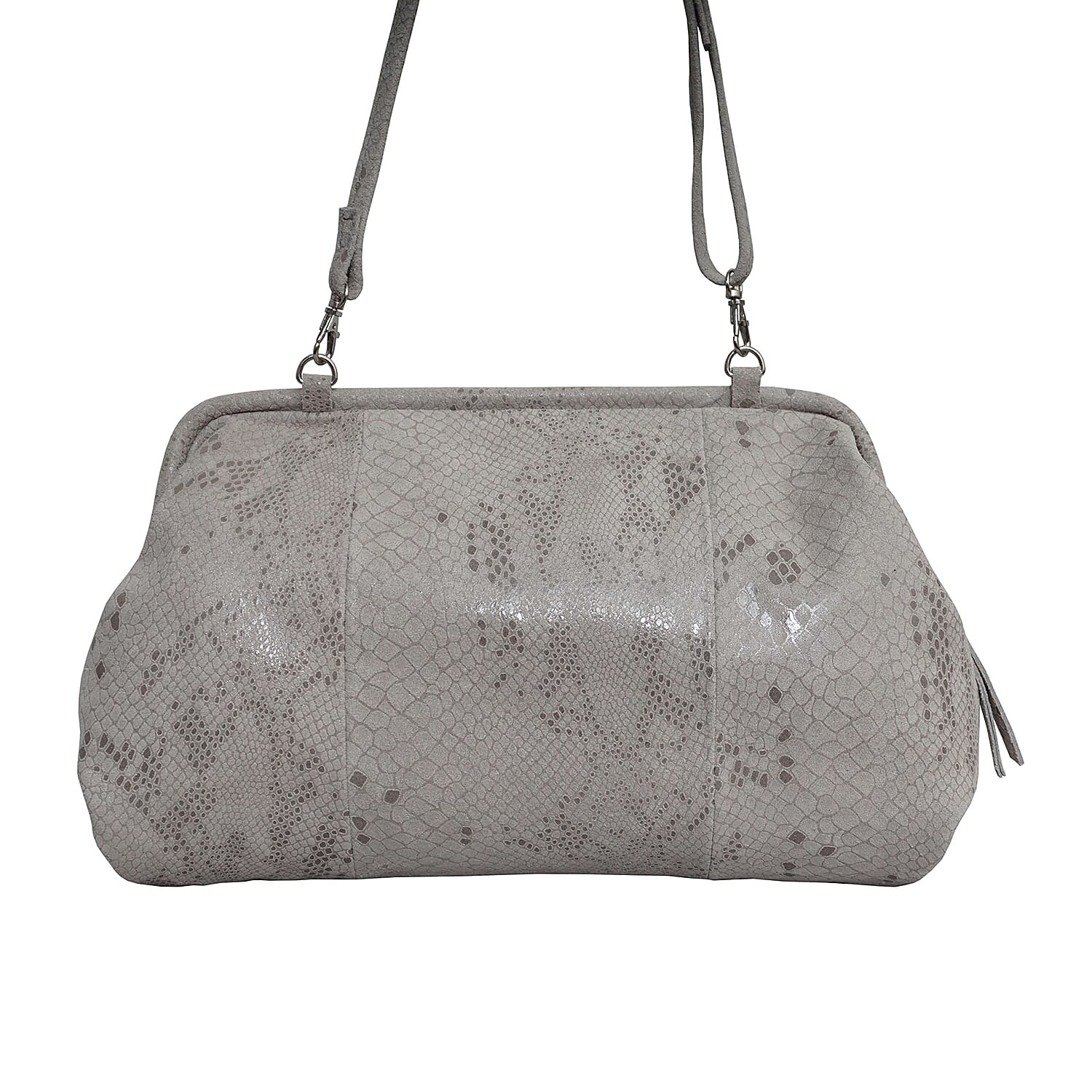 ASSOTS LONDON Harper Genuine Leather Snake Print Oversized Clutch Bag with Adjustable Shoulder Strap - Ice Grey