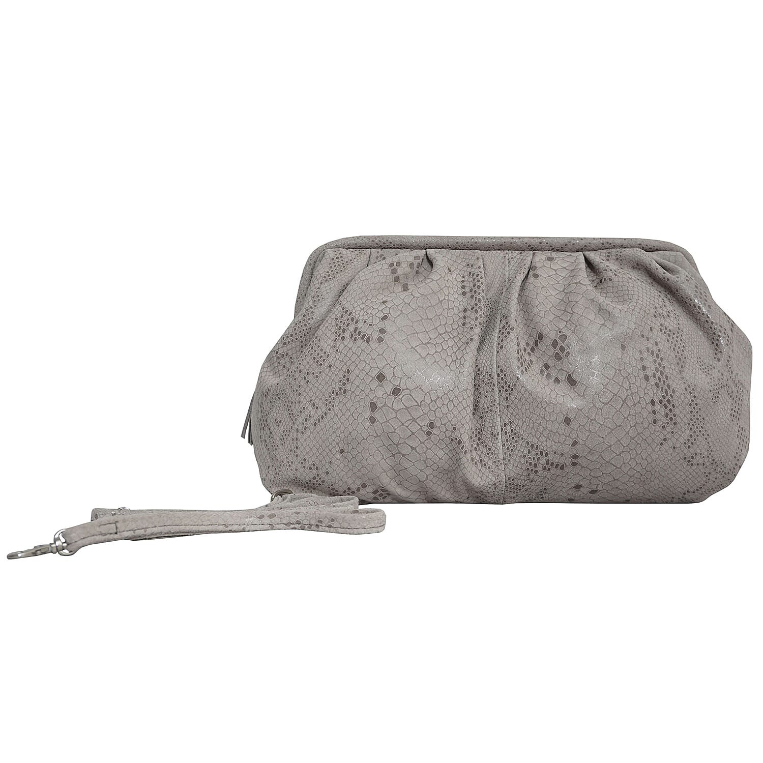 ASSOTS LONDON Harper Genuine Leather Snake Print Oversized Clutch Bag with Adjustable Shoulder Strap - Ice Grey