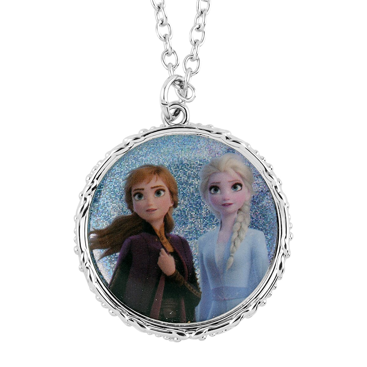 Disney Frozen Elsa and Anna Round Pendant Necklace (Size16 with 2 inch Extender) in Silvertone