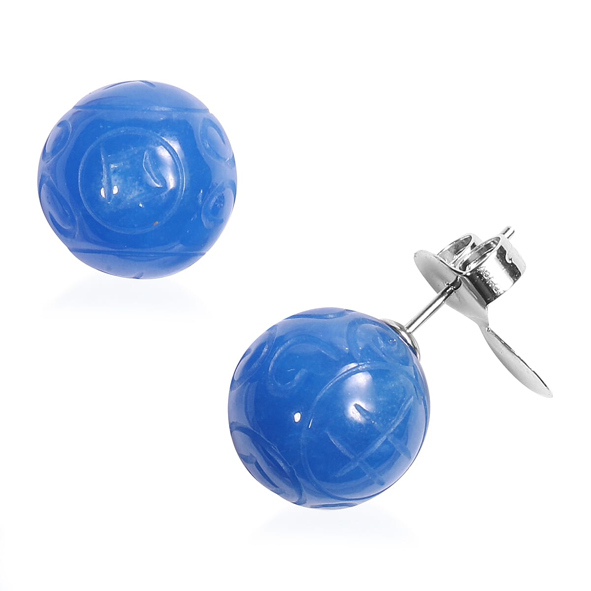 Carved Blue Jade Stud Earrings (with Push Back) in Sterling Silver 8.00 Ct,