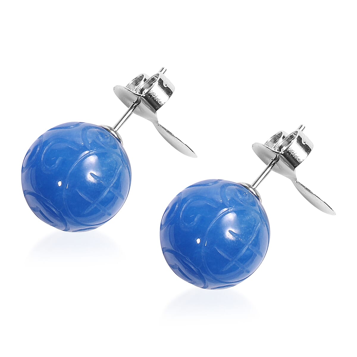 Carved Blue Jade Stud Earrings (with Push Back) in Sterling Silver 8.00 Ct,