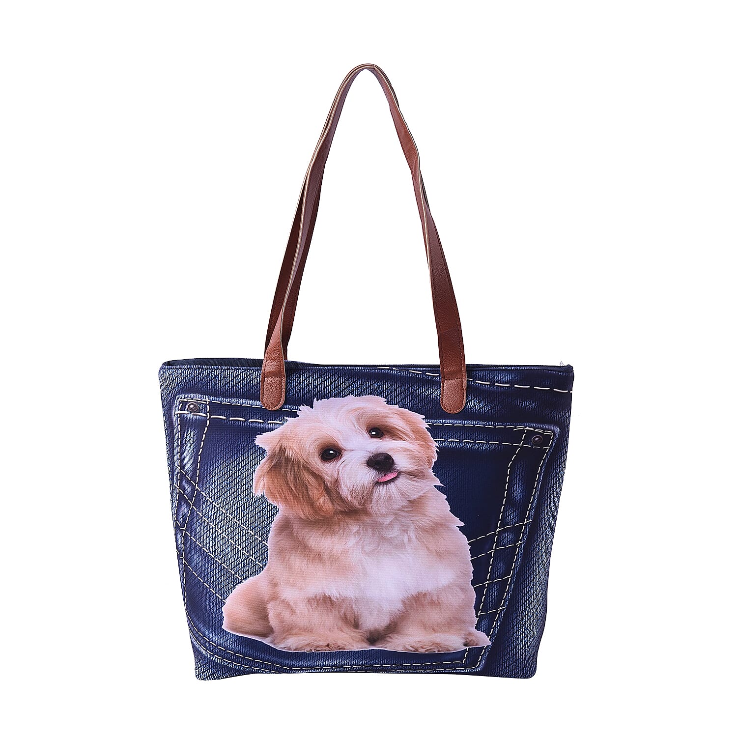 Adorable Dog in Jeans Pocket Print Tote Bag in Blue (42x9x32cm)