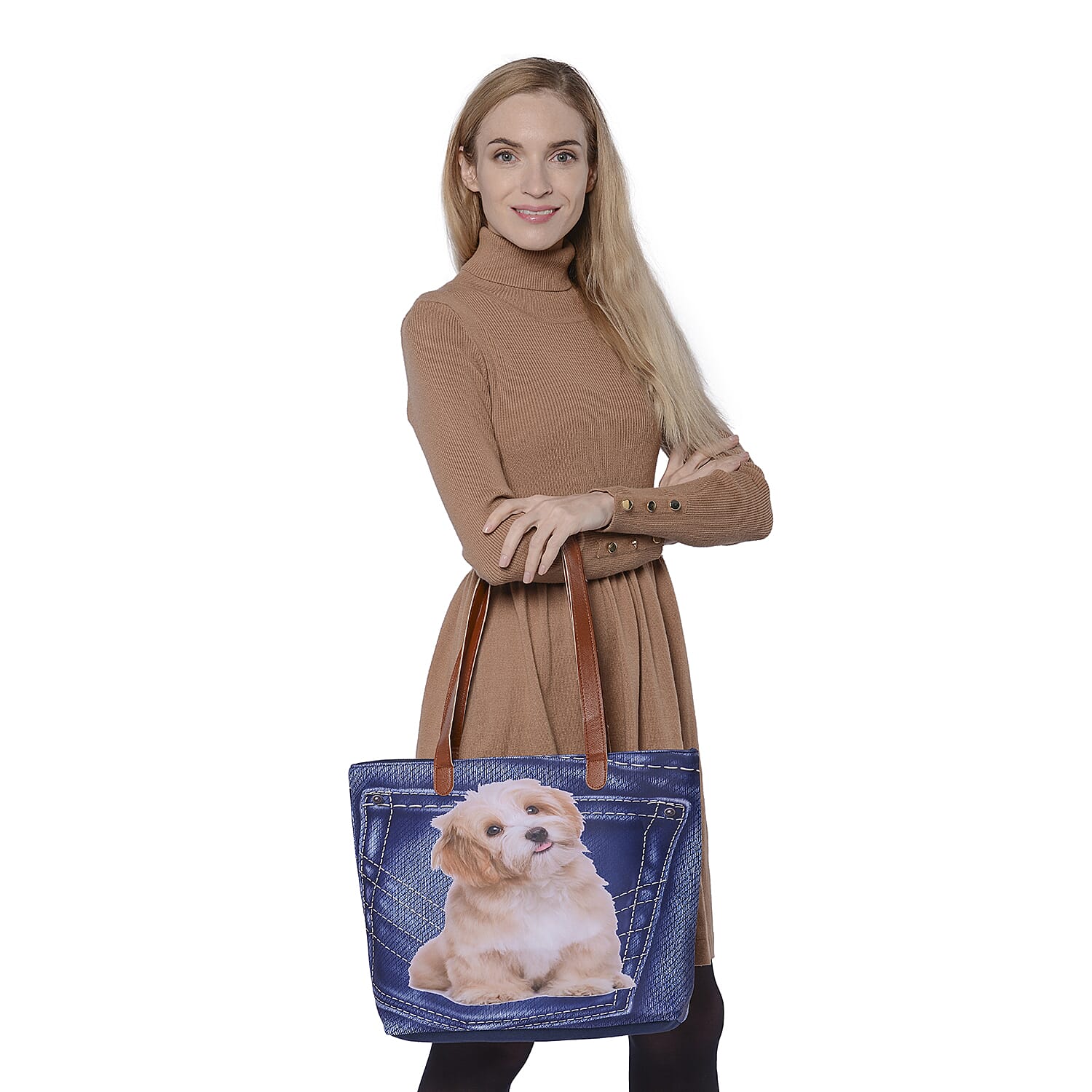 Adorable Dog in Jeans Pocket Print Tote Bag in Blue (42x9x32cm)