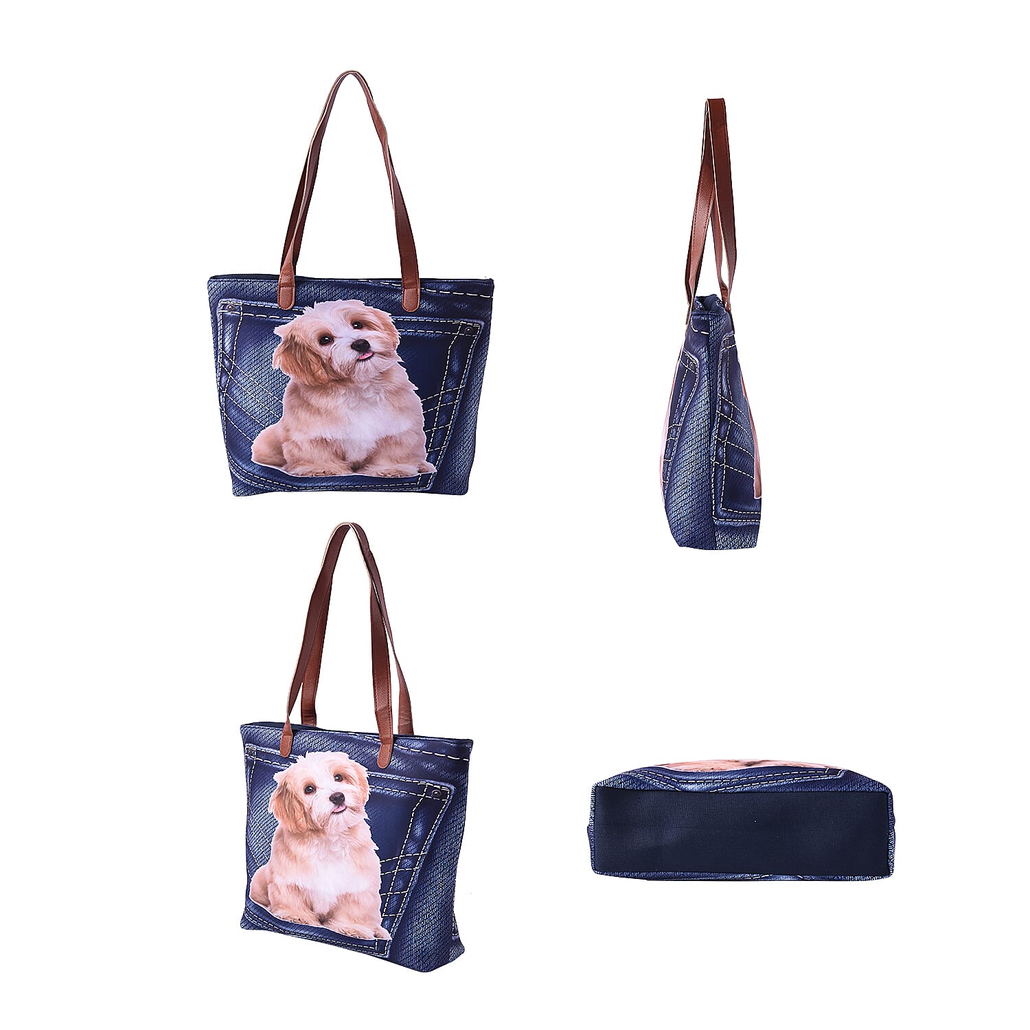 Adorable Dog in Jeans Pocket Print Tote Bag in Blue (42x9x32cm)