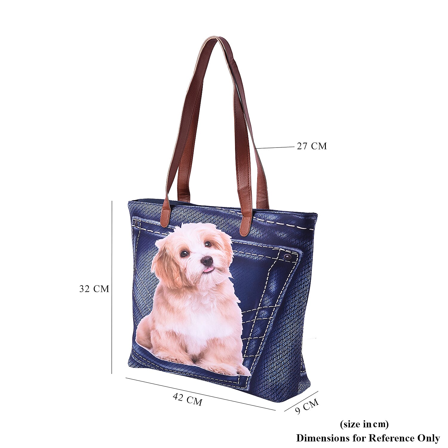 Adorable Dog in Jeans Pocket Print Tote Bag in Blue (42x9x32cm)