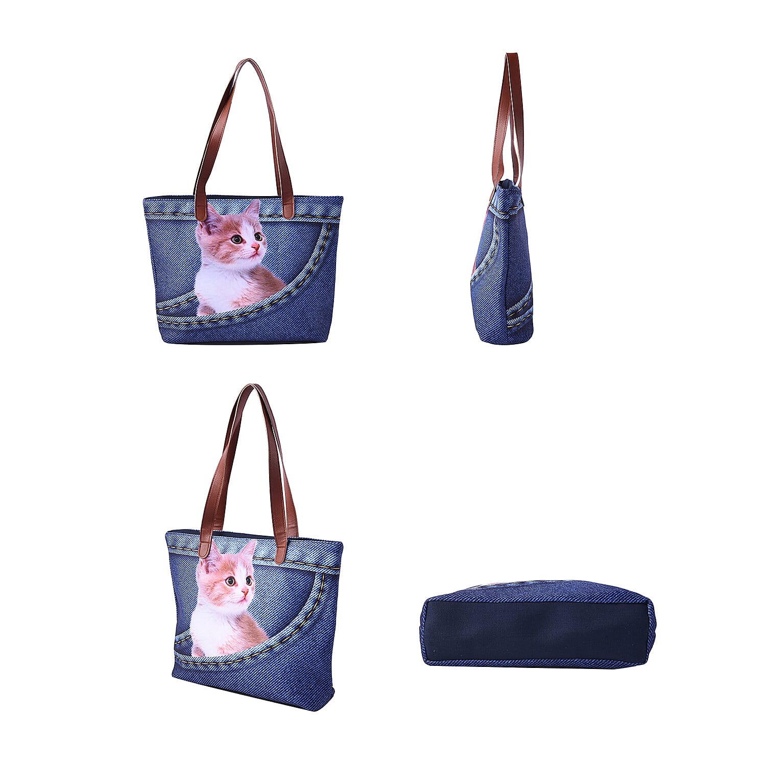 Cute Yellow Cat in Jeans Pocket Print Tote Bag in Blue (42x9x32cm)