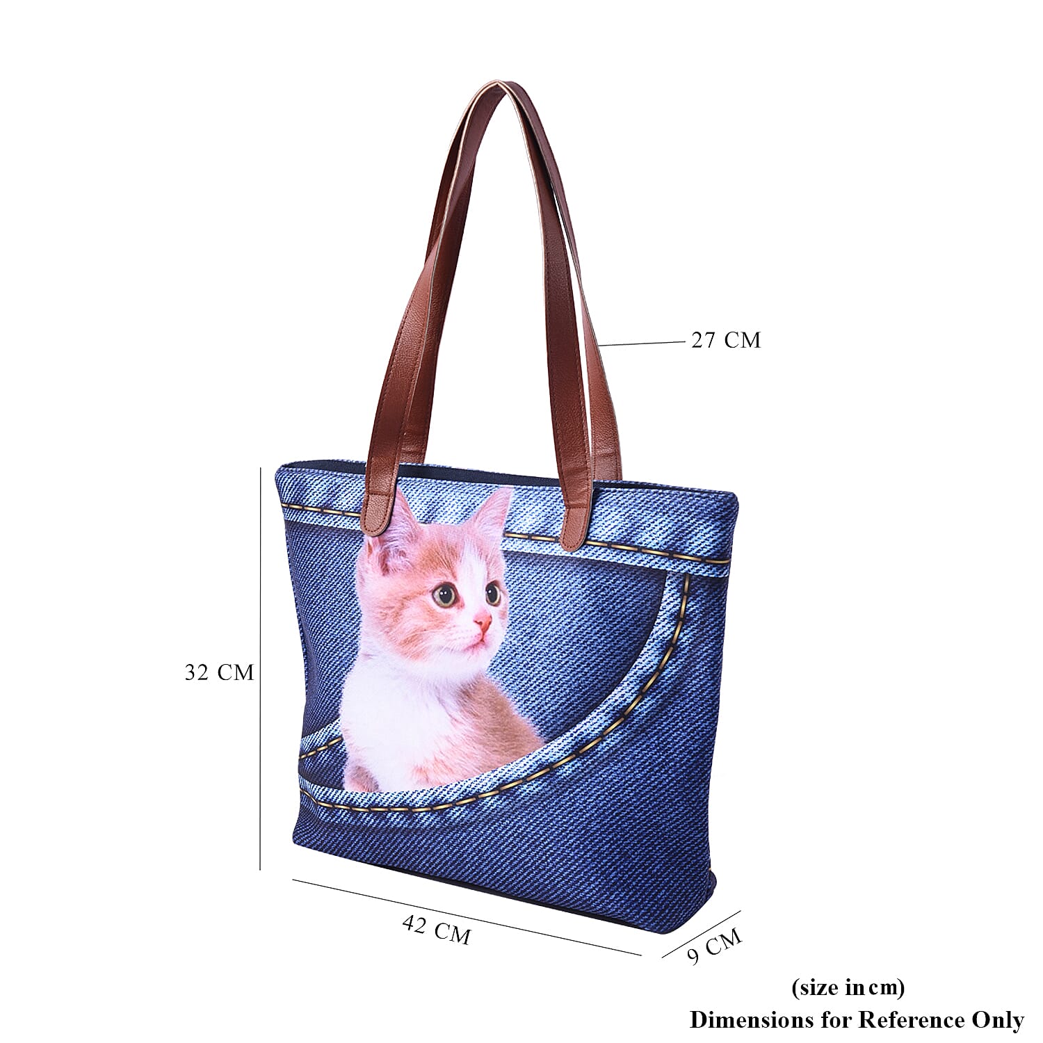 Cute Yellow Cat in Jeans Pocket Print Tote Bag in Blue (42x9x32cm)
