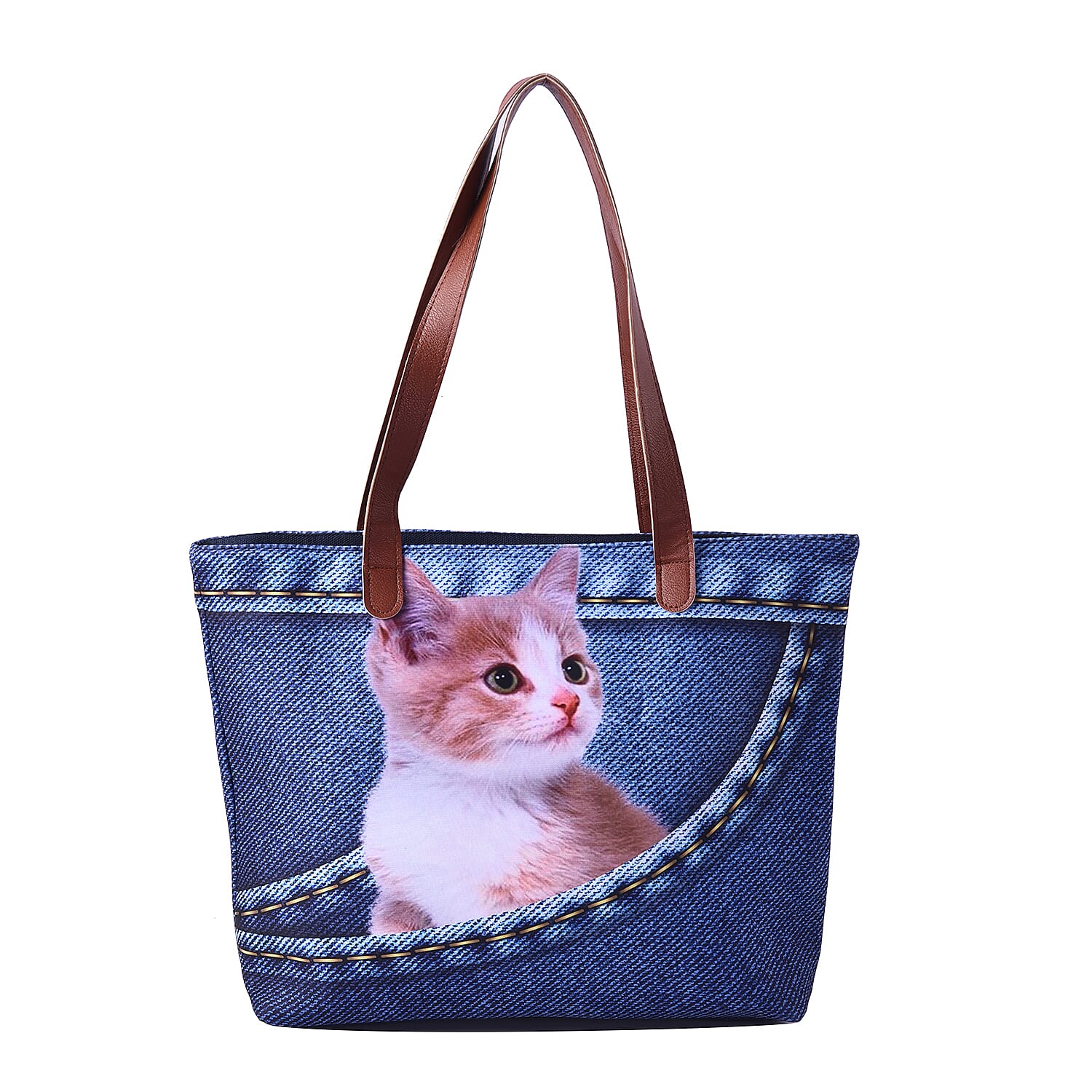 Cute Yellow Cat in Jeans Pocket Print Tote Bag in Blue (42x9x32cm)