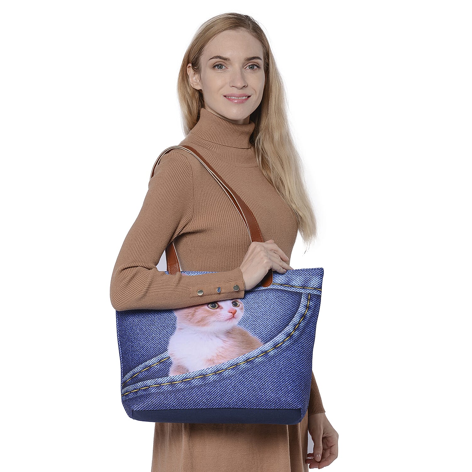 Cute Yellow Cat in Jeans Pocket Print Tote Bag in Blue (42x9x32cm)