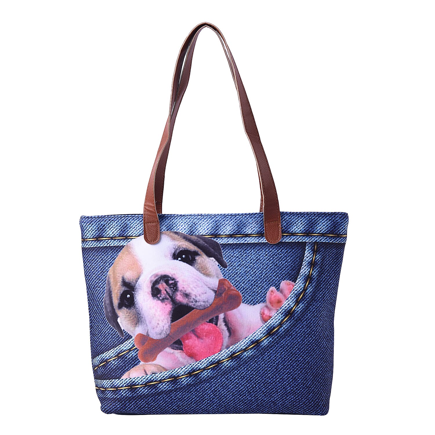 Adorable Black and White Dog in Jeans Pocket Print Tote Bag in Blue (42x9x32cm)