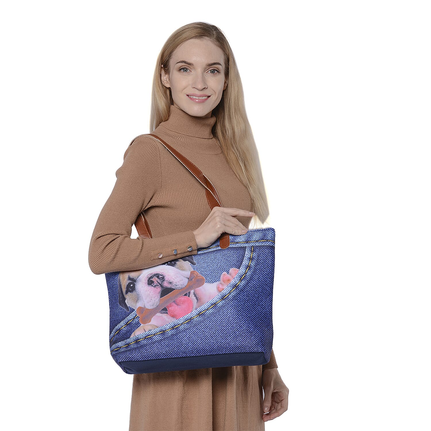 Adorable Black and White Dog in Jeans Pocket Print Tote Bag in Blue (42x9x32cm)