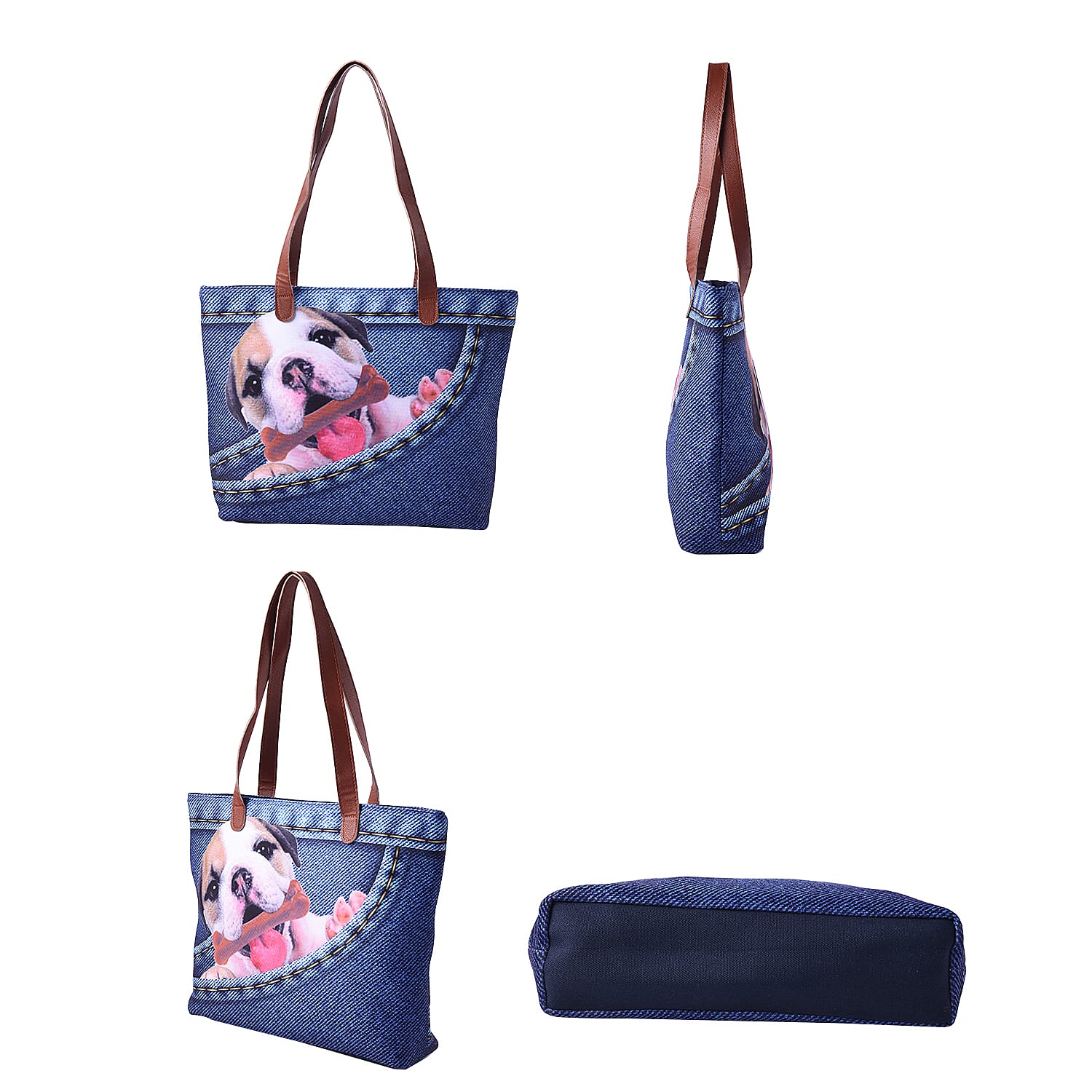 Adorable Black and White Dog in Jeans Pocket Print Tote Bag in Blue (42x9x32cm)