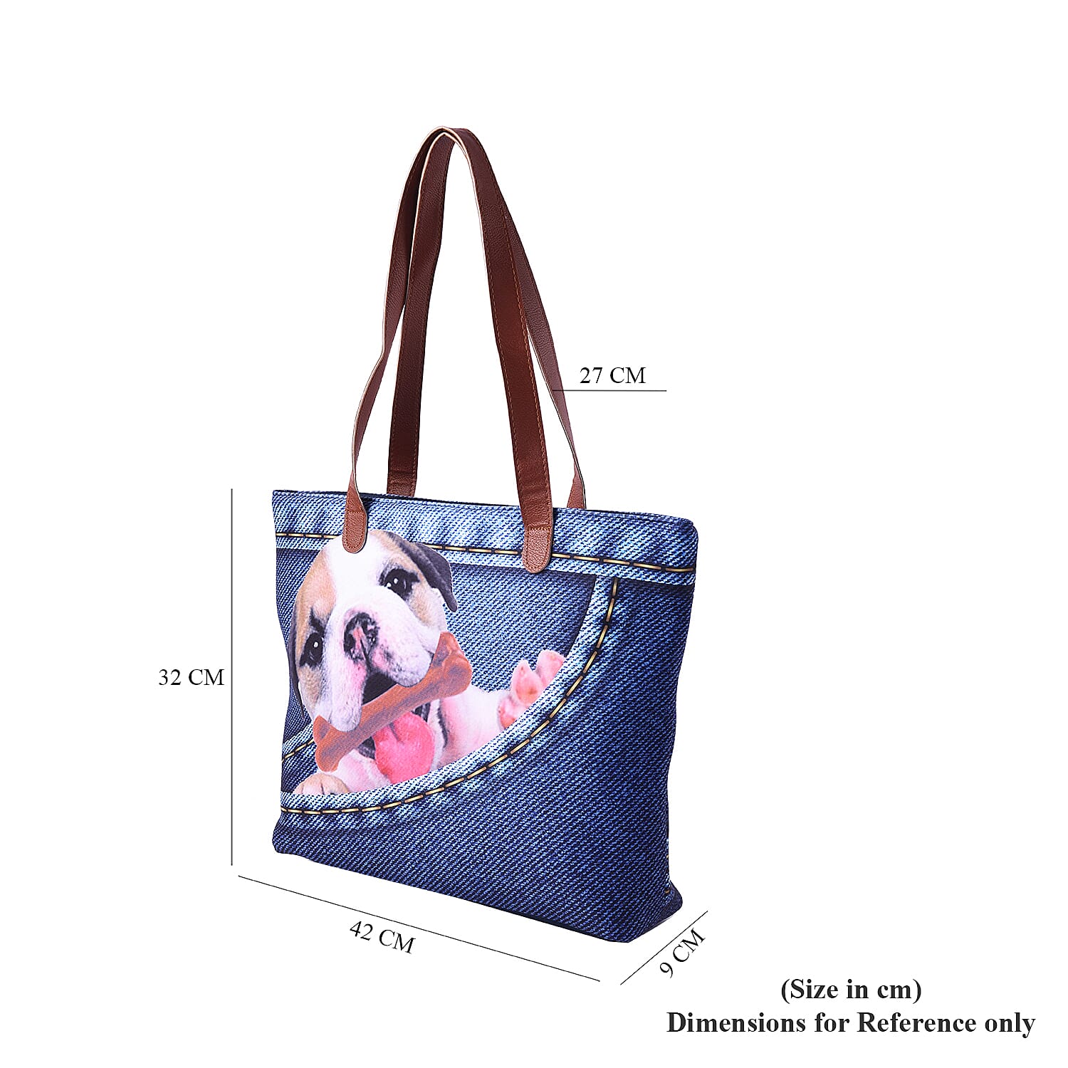Adorable Black and White Dog in Jeans Pocket Print Tote Bag in Blue (42x9x32cm)