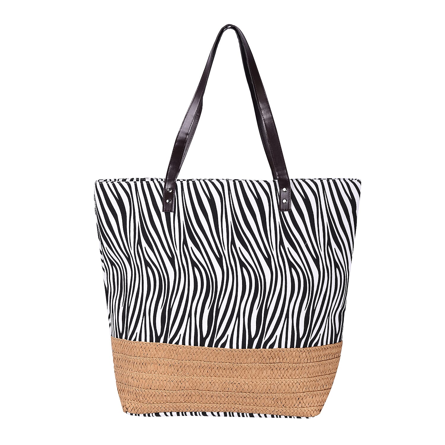 Zebra Pattern Tote Bag with Straw-Woven Design in White and Blue