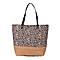 Leopard Pattern Tote Bag with Straw-Woven Design in White and Brown
