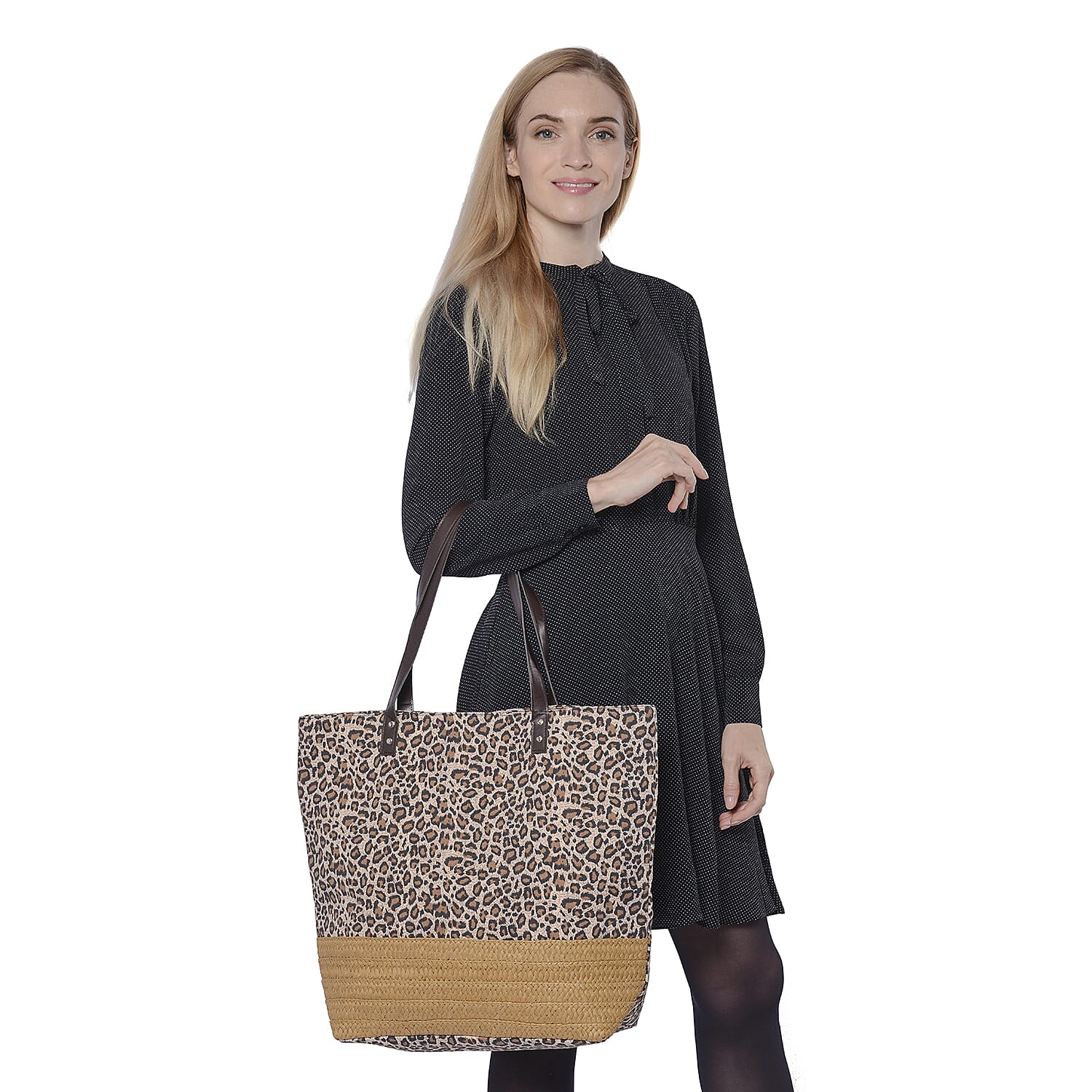 Zebra Pattern Tote Bag with Straw-Woven Design in White and Blue