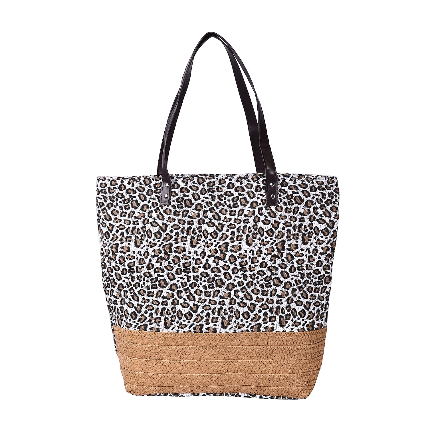 Zebra Pattern Tote Bag with Straw-Woven Design in White and Blue