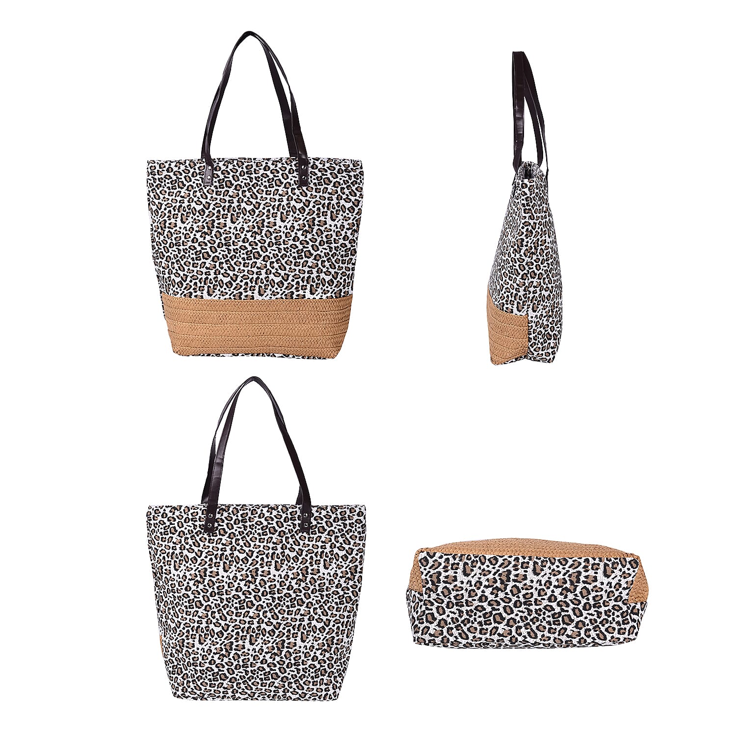 Zebra Pattern Tote Bag with Straw-Woven Design in White and Blue