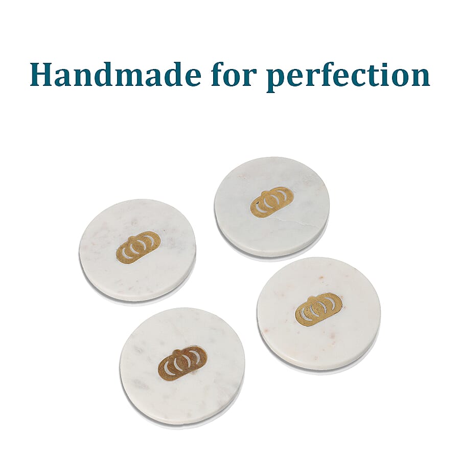 NAKKASHI - Set of 4 - Round Marble Coasters with Crown Brass Inlay (Size 10cm)
