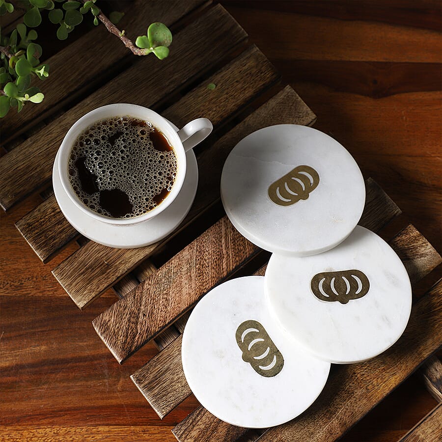 NAKKASHI - Set of 4 - Round Marble Coasters with Crown Brass Inlay (Size 10cm)