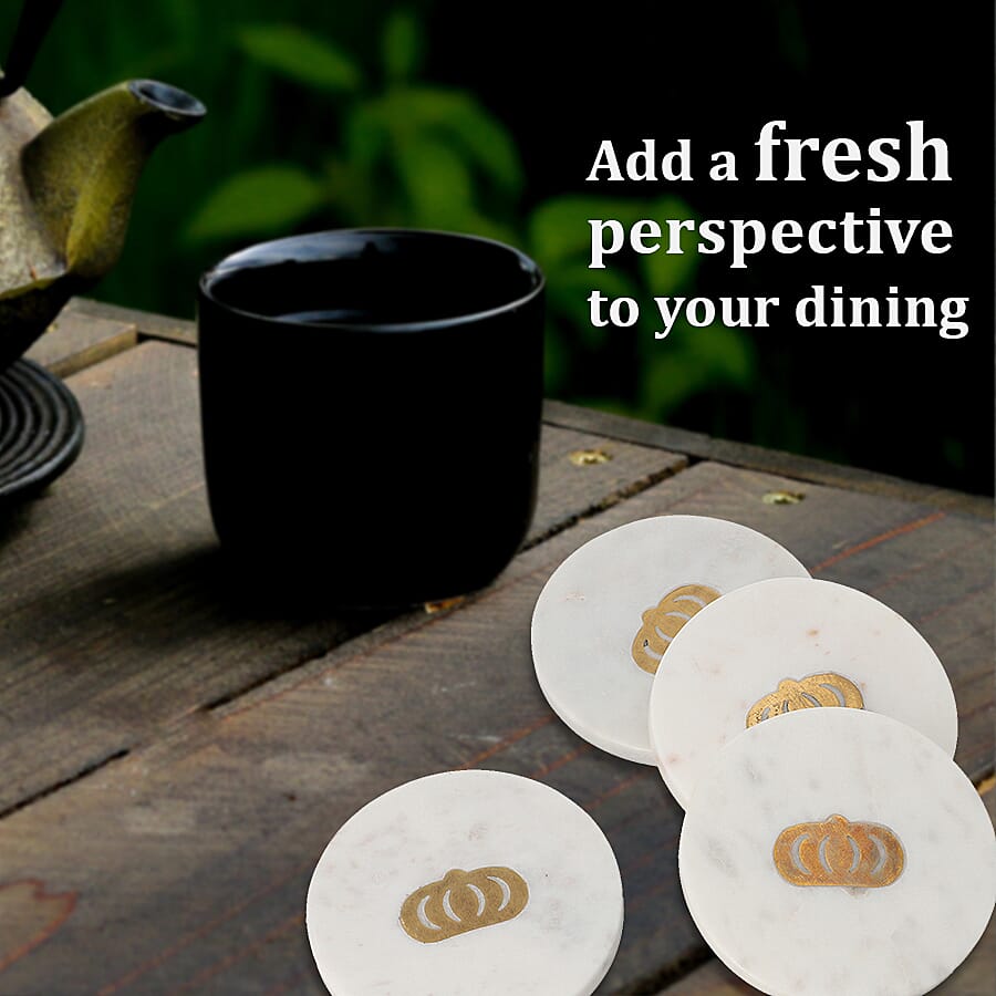 NAKKASHI - Set of 4 - Round Marble Coasters with Crown Brass Inlay (Size 10cm)