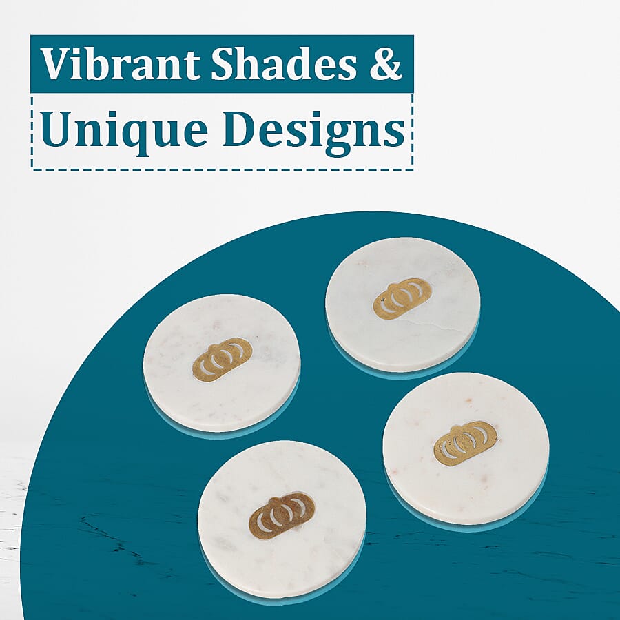 NAKKASHI - Set of 4 - Round Marble Coasters with Crown Brass Inlay (Size 10cm)