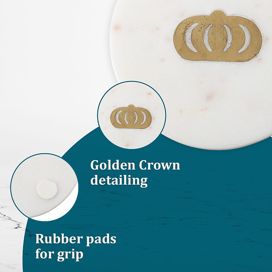 NAKKASHI - Set of 4 - Round Marble Coasters with Crown Brass Inlay (Size 10cm)