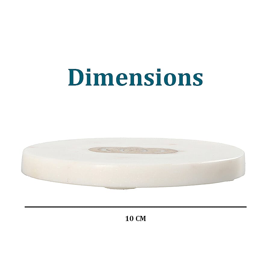 NAKKASHI - Set of 4 - Round Marble Coasters with Crown Brass Inlay (Size 10cm)