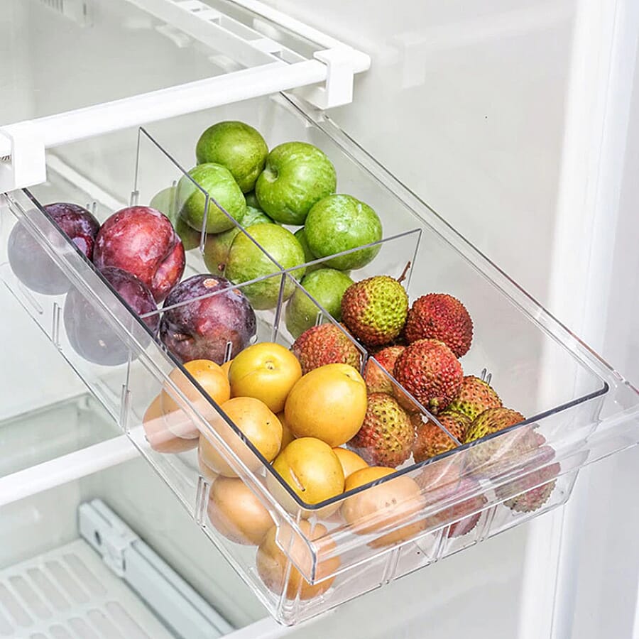 Transparent Refrigerator Storage Drawer with 4 Divided Sections (Size 30.5x20x9.5cm)