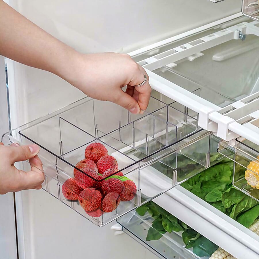 Transparent Refrigerator Storage Drawer with 4 Divided Sections (Size 30.5x20x9.5cm)