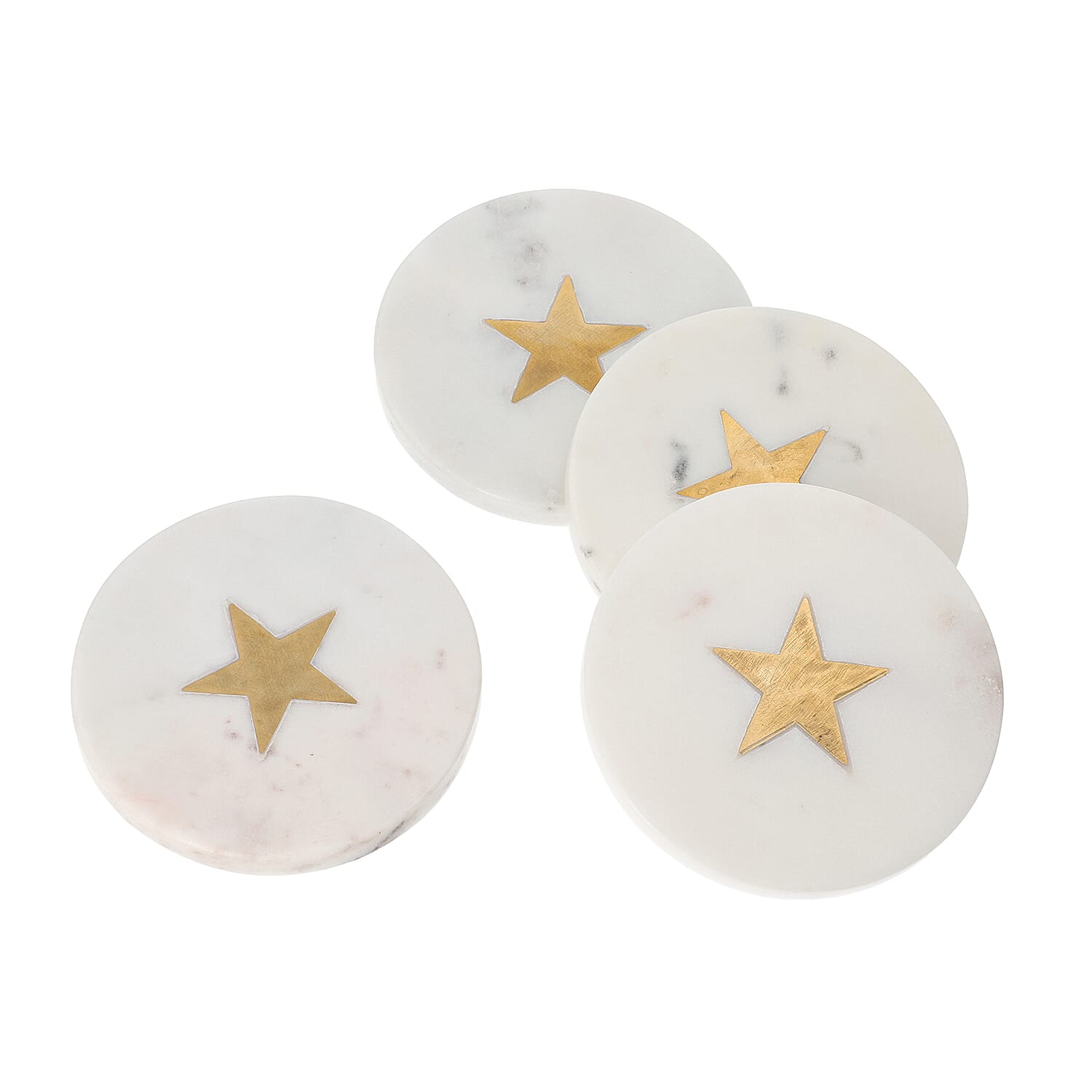 NAKKASHI - Set of 4 - Round Marble Coasters with Star Brass Inlay (Size 10cm)
