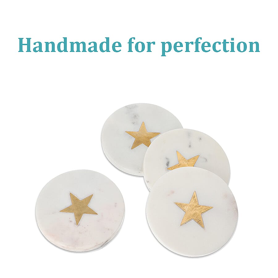NAKKASHI - Set of 4 - Round Marble Coasters with Star Brass Inlay (Size 10cm)