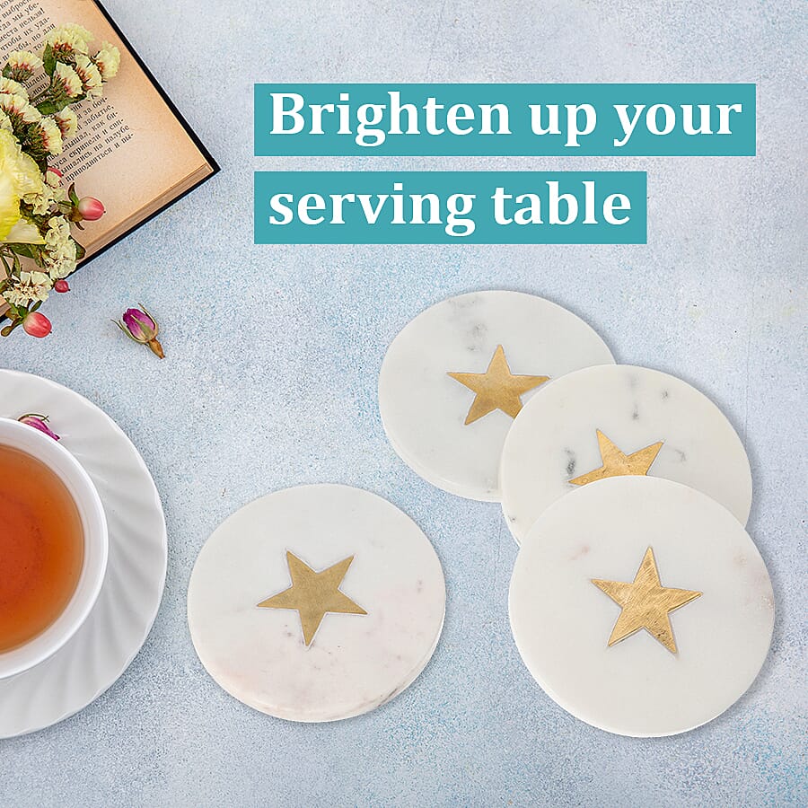NAKKASHI - Set of 4 - Round Marble Coasters with Star Brass Inlay (Size 10cm)