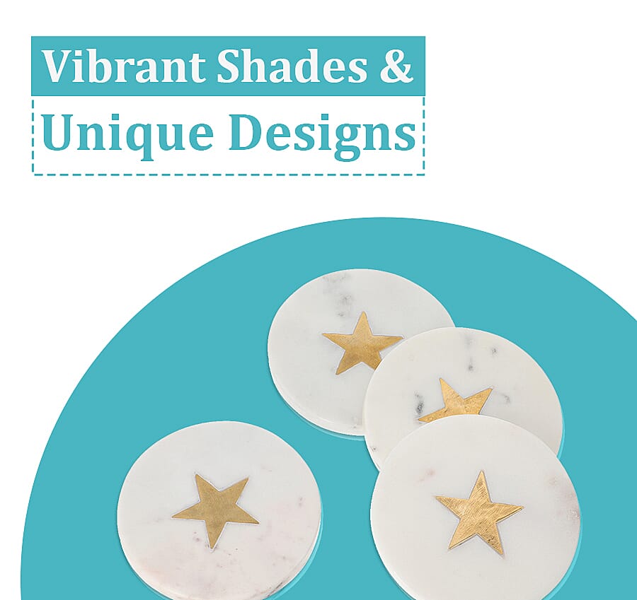 NAKKASHI - Set of 4 - Round Marble Coasters with Star Brass Inlay (Size 10cm)