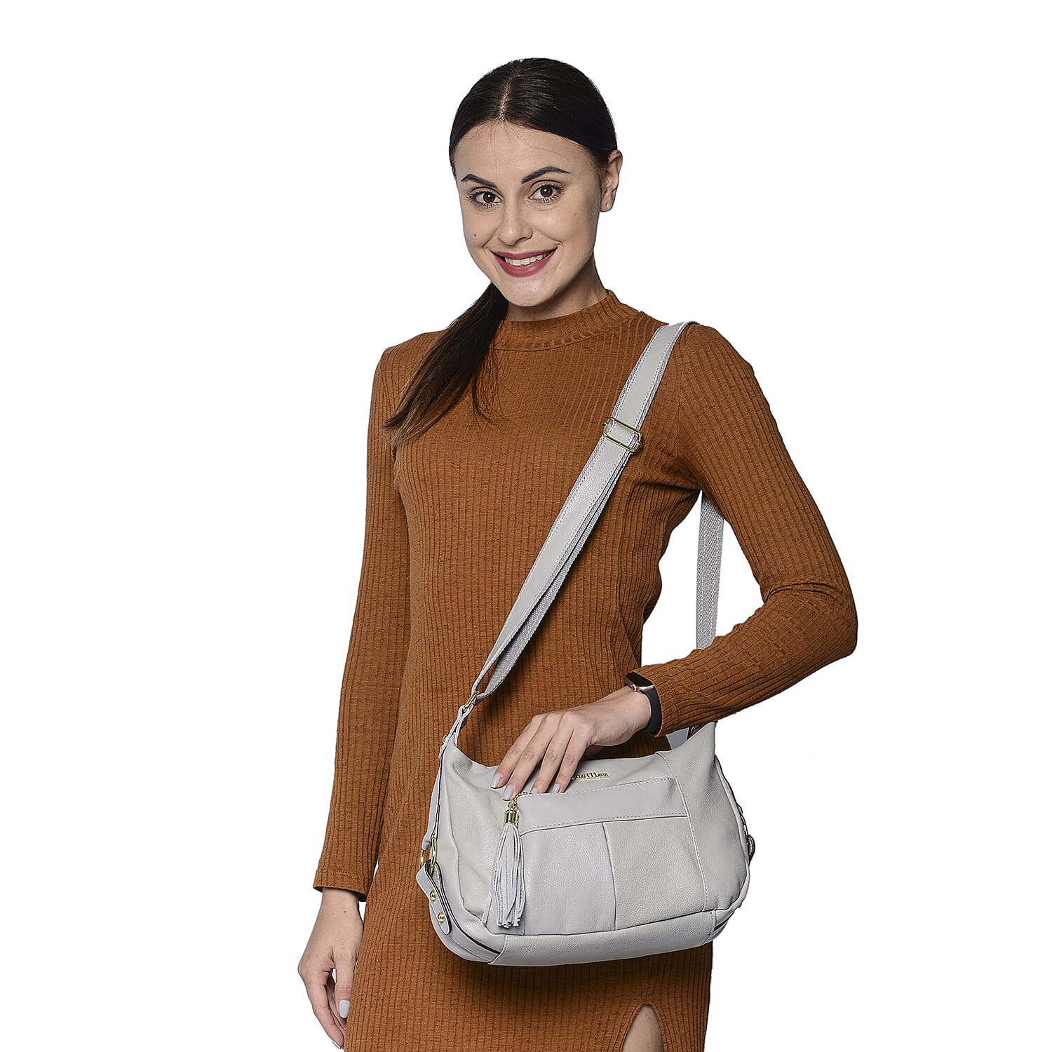 SENCILLEZ 100% Genuine Leather Crossbody Bag with Zipper Closure (Size 29x10x21cm) - Light Grey