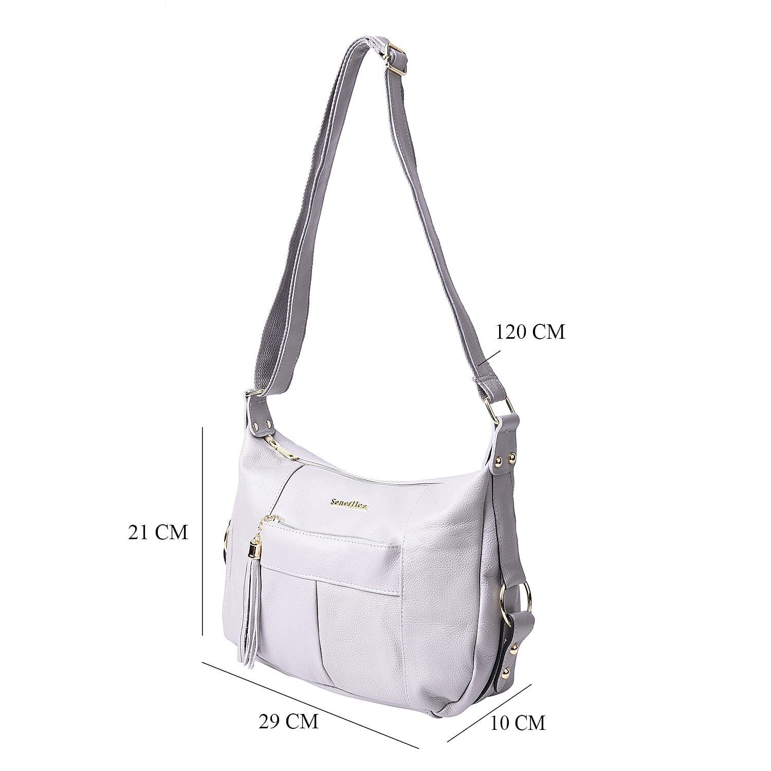 SENCILLEZ 100% Genuine Leather Crossbody Bag with Zipper Closure (Size 29x10x21cm) - Light Grey