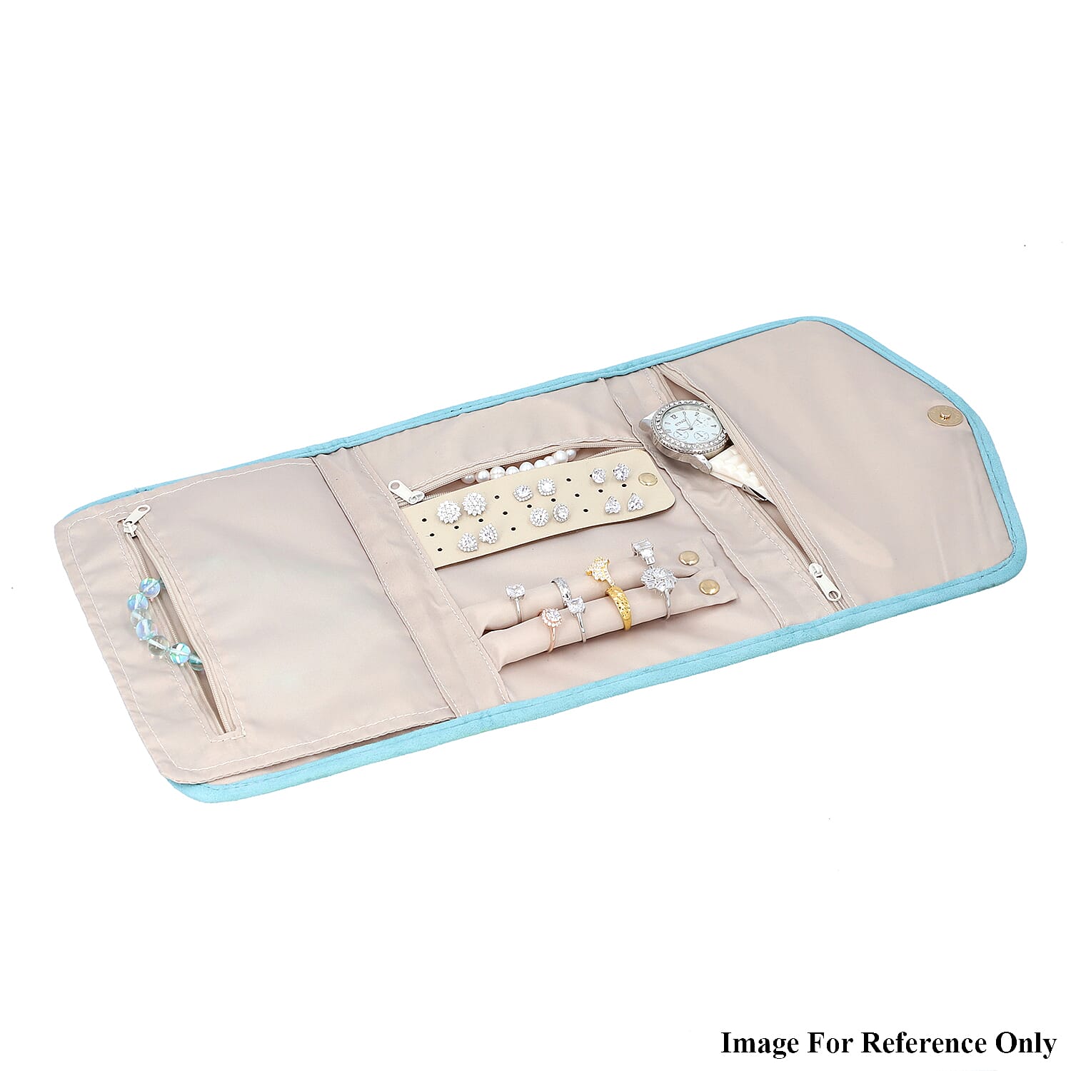 Jewellery Roll Organiser Magnetic Snap Closure Handbag (Size: 16x20x2 Cm) - Turquoise Blue