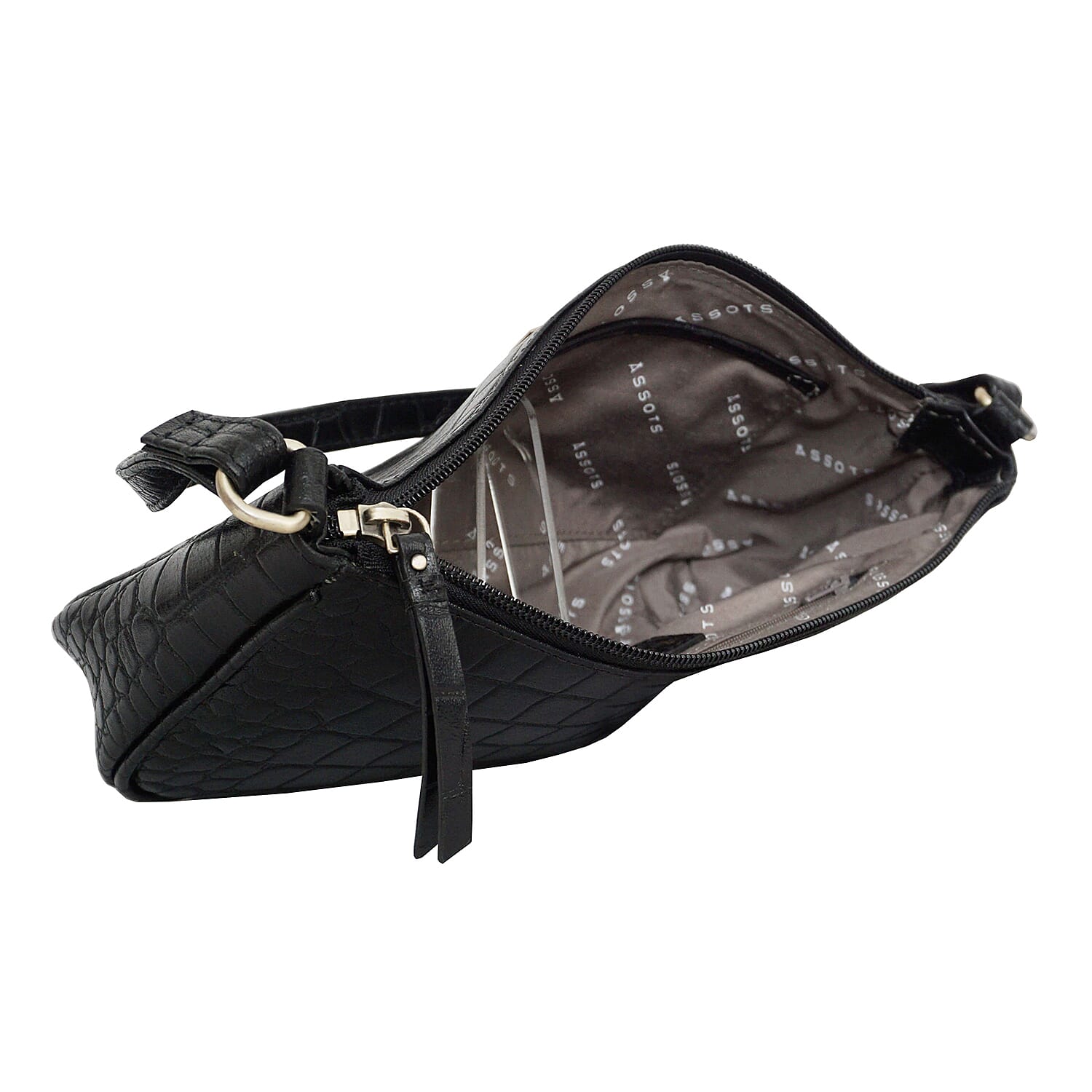 Assots London ZARA Genuine Leather Croc Embossed Handbag - Black