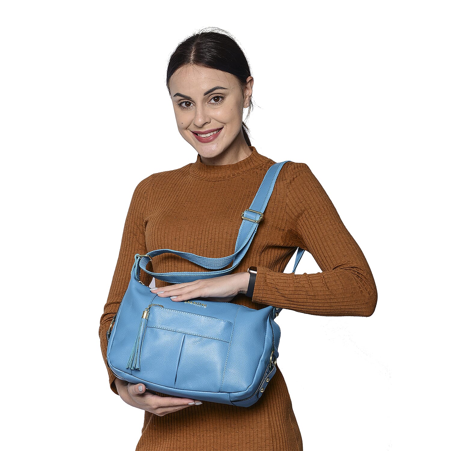 SENCILLEZ 100% Genuine Leather Crossbody Bag with Zipper Closure (Size 29x10x21cm) - Ocean Blue