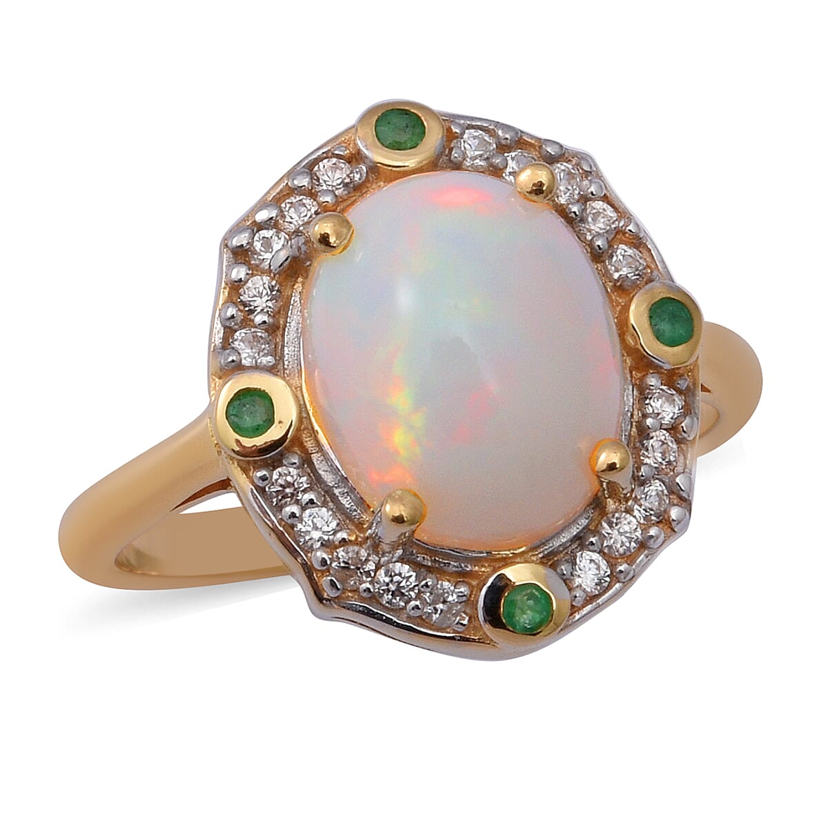 Ethiopian Welo Opal, Emerald and Natural Cambodian Zircon Ring in Yellow Gold Overlay Sterling Silver 2.66 Ct.