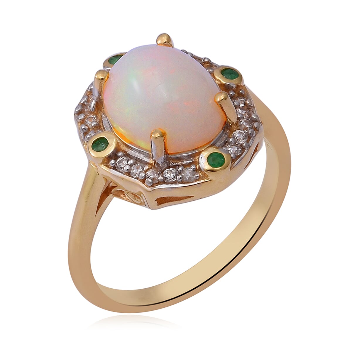 Ethiopian Welo Opal, Emerald and Natural Cambodian Zircon Ring in Yellow Gold Overlay Sterling Silver 2.66 Ct.