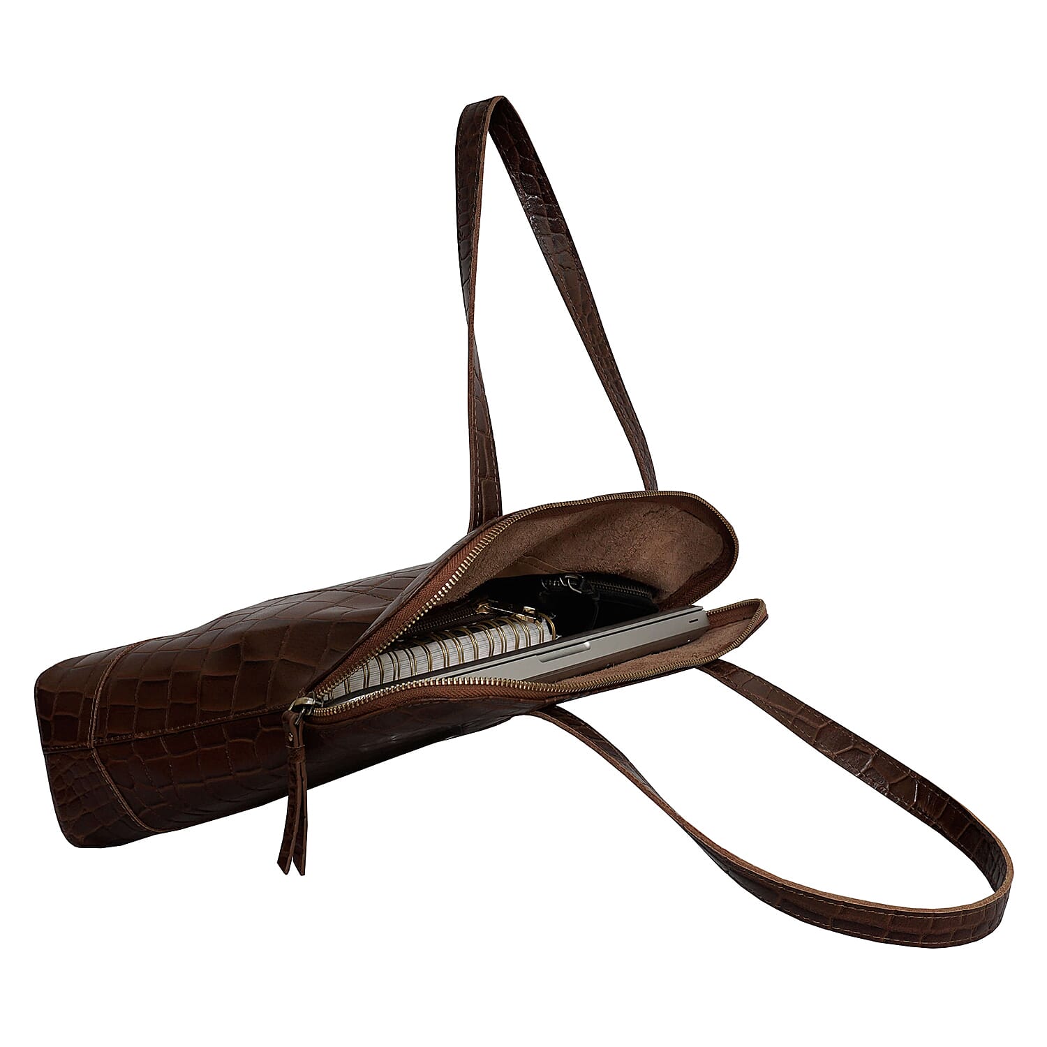 Assots London EVA Genuine Leather Croc Embossed Handbag - Black