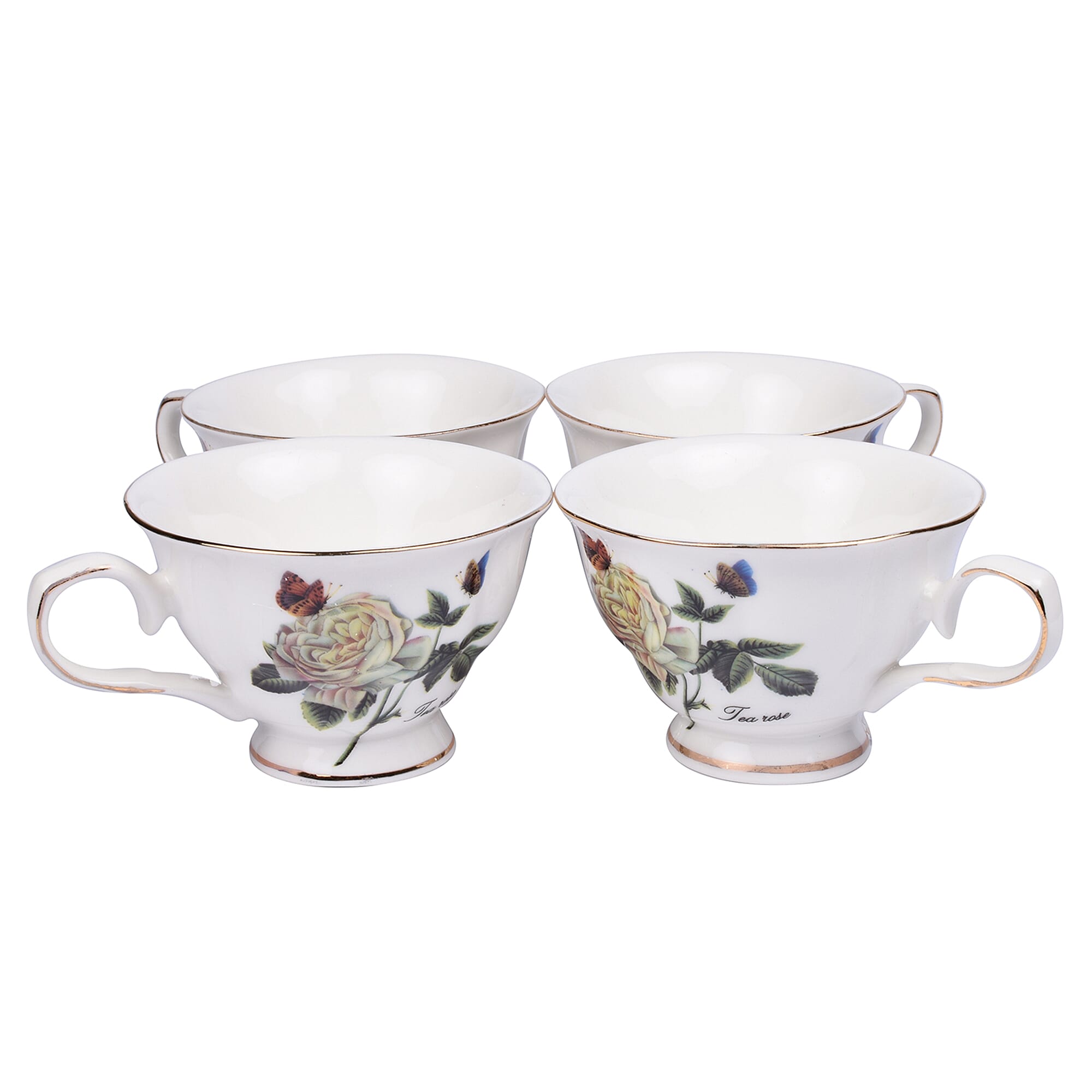Set of 14 - Rose Pattern European Cup Set with Storage Rack - White & Pale Yellow