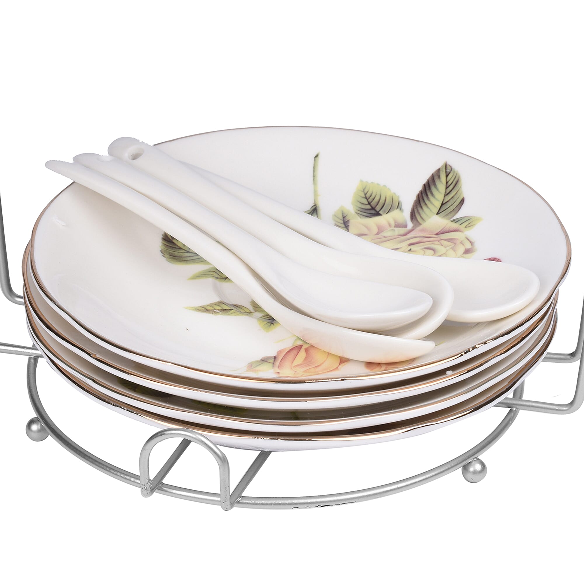 Set of 14 - Rose Pattern European Cup Set with Storage Rack - White & Pale Yellow