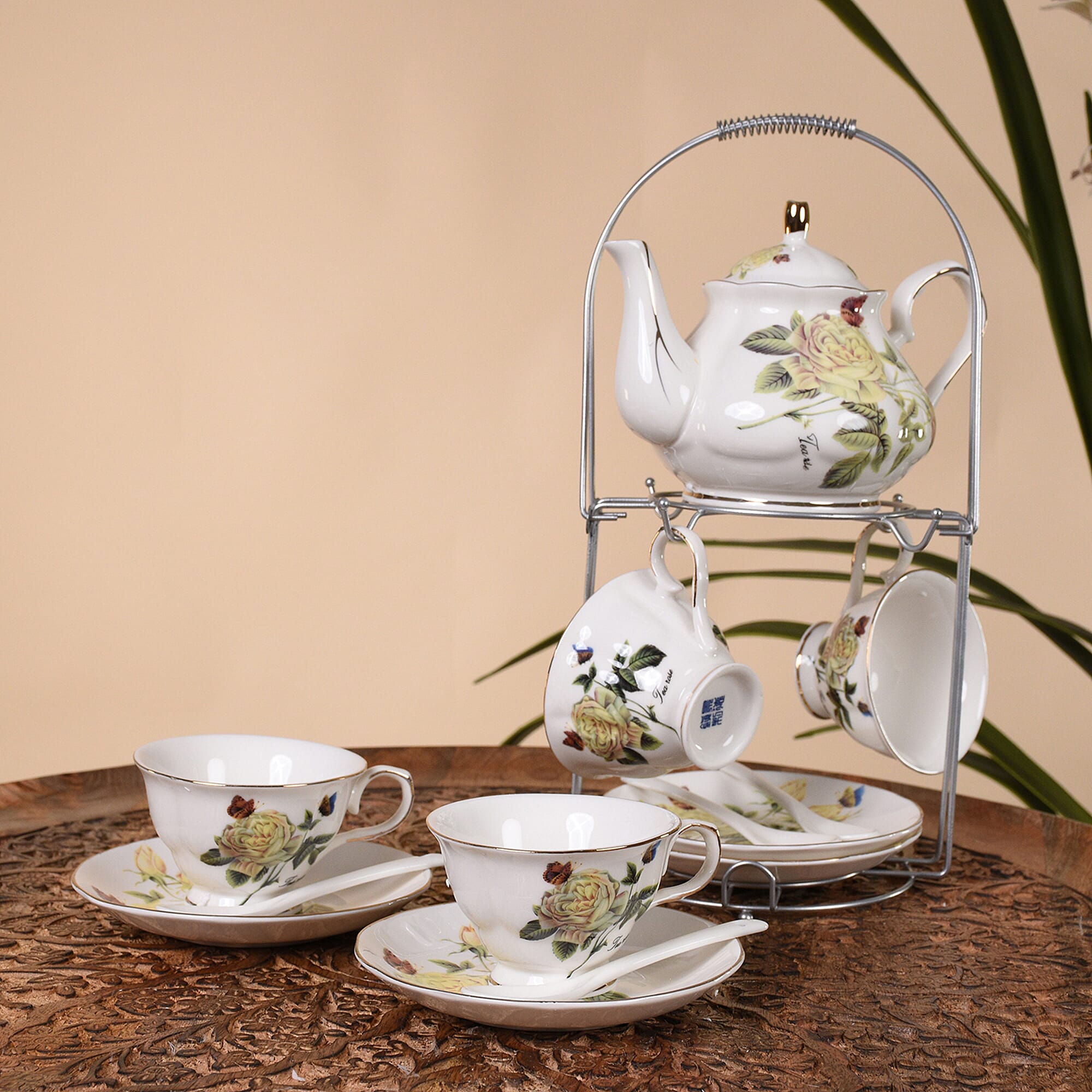 Set of 14 - Rose Pattern European Cup Set with Storage Rack - White & Pale Yellow
