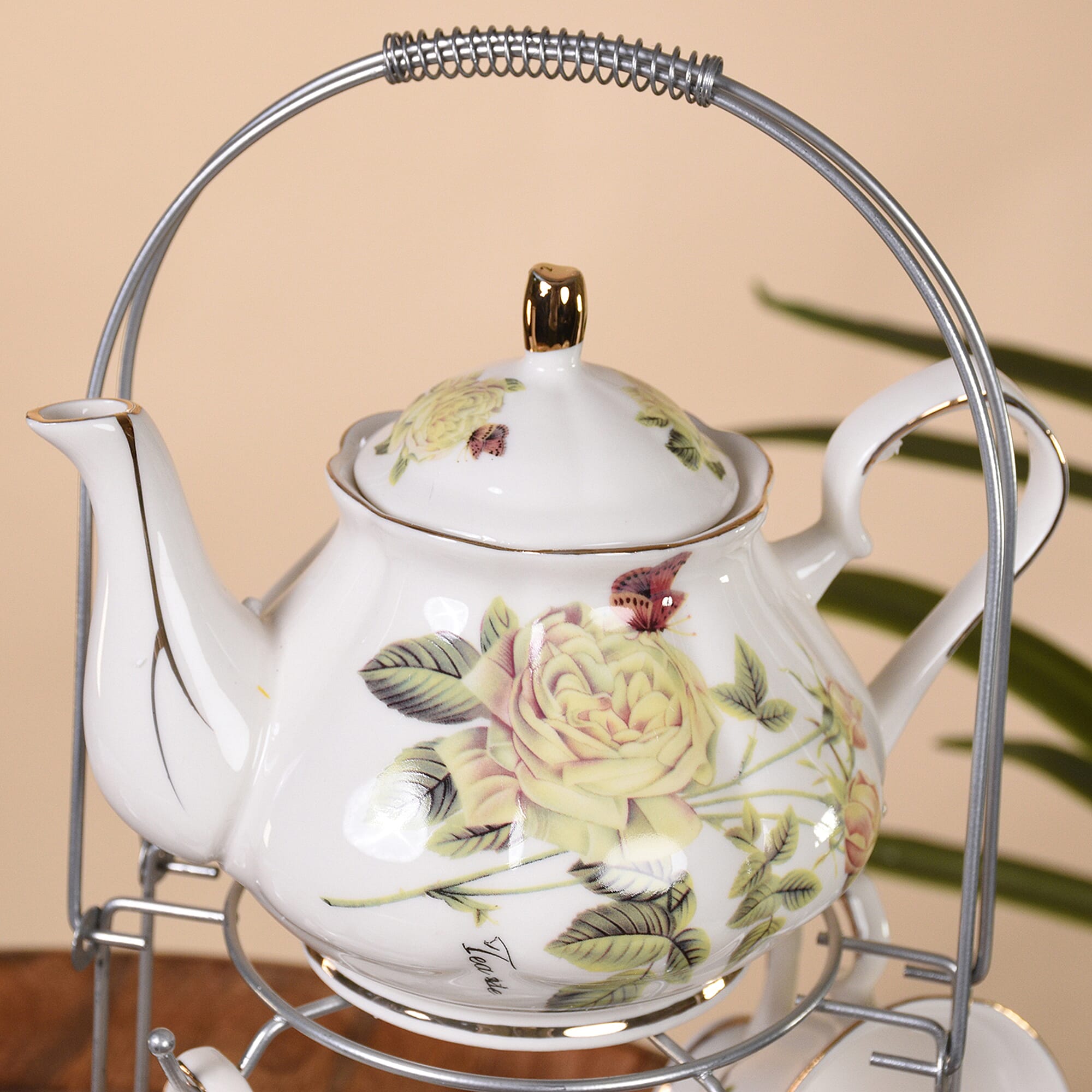 Set of 14 - Rose Pattern European Cup Set with Storage Rack - White & Pale Yellow