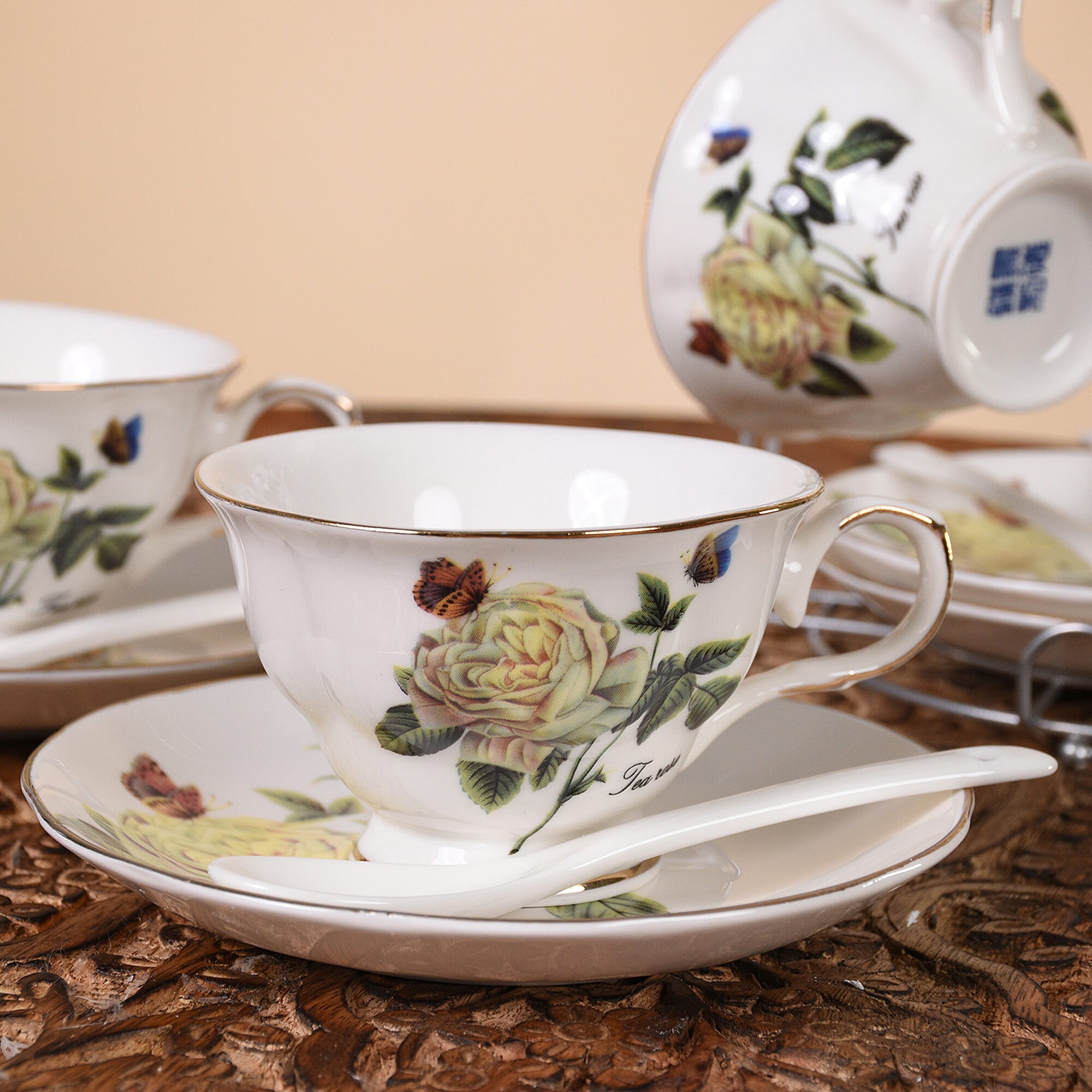 Set of 14 - Rose Pattern European Cup Set with Storage Rack - White & Pale Yellow