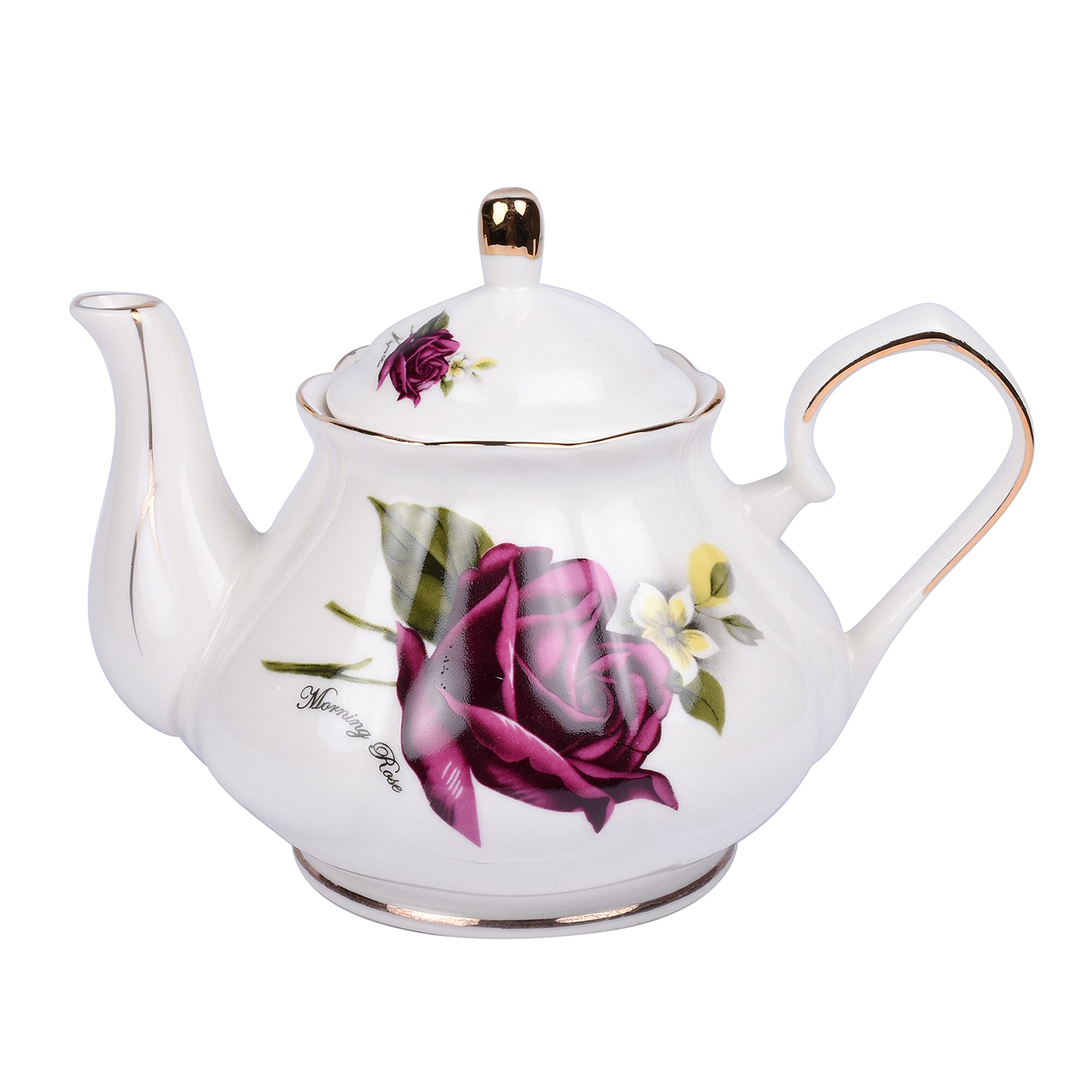 Set of 14 - Rose Pattern Tea Set with Storage Rack - White & Purple